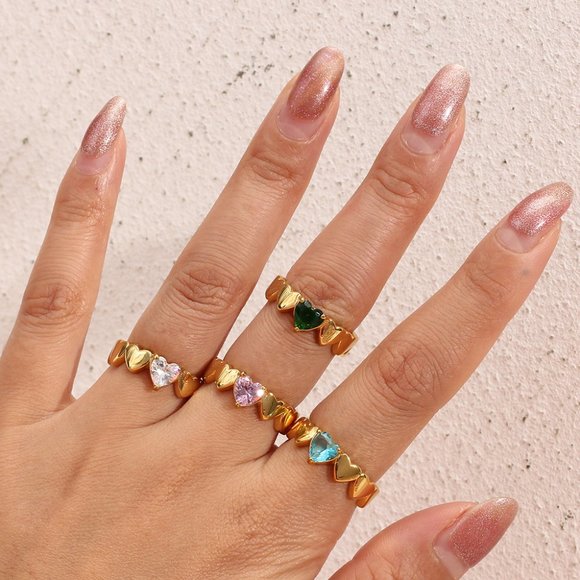 Heart Shape Zircon 18K Gold‎ Plated Stainless Steel Ring - Picture 7 of 12